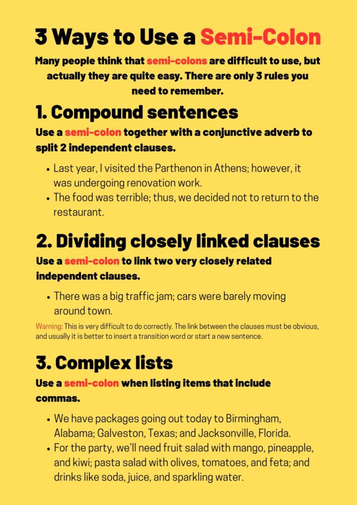 3 rules for using semi-colons